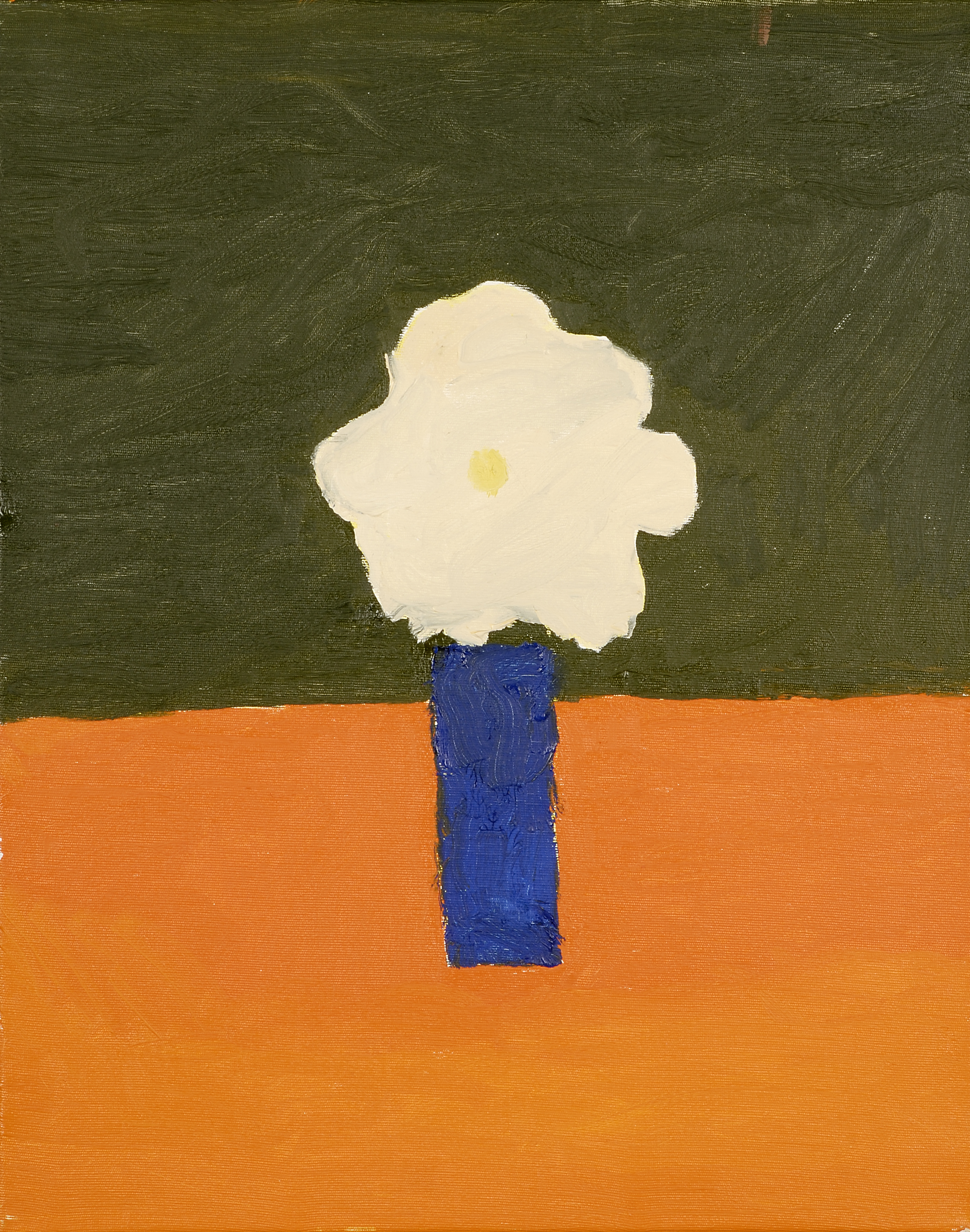 Painting is of a white flower in blue vase, the background is in green and orange. The painting is by James Duncan
