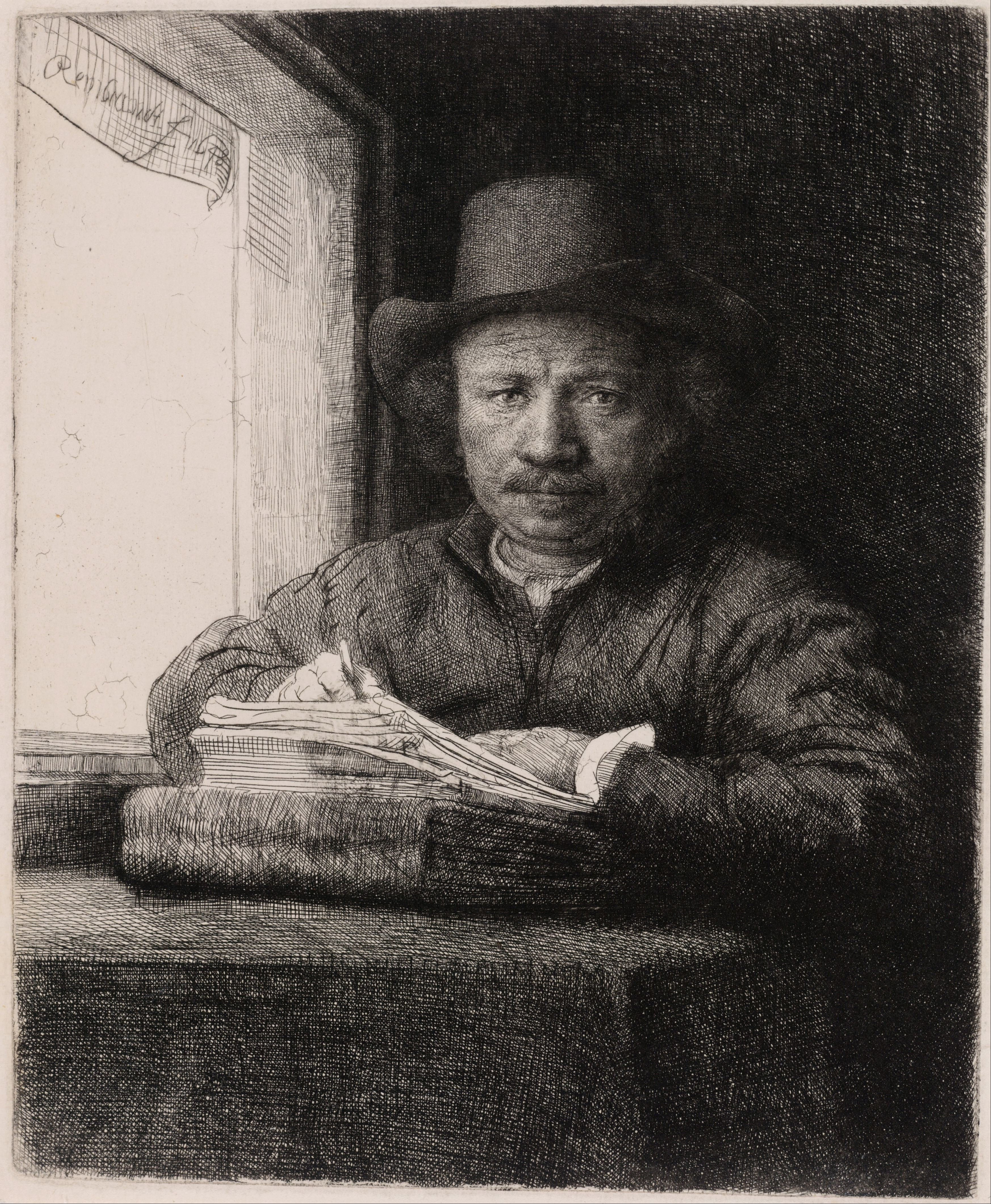 Print of Dutch artist Rembrandt. The image is of Rembrandt seated at table in front of window drawing on paper. The image was part of The Grundy Art Galleries exhibition Rembrandt As Printmaker.