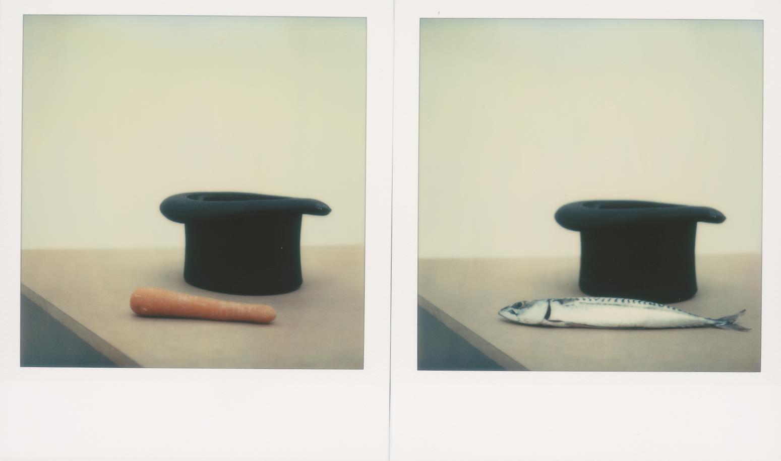 2 colour polaroid photographs side by side. The photographs depict the same a top hat with a carrot next to it in the first photograph, and a fish in the second. Included in the exhibition Magic Show.