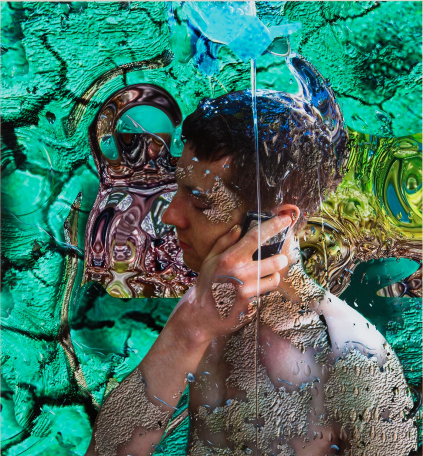 Digital collage by artist Adan Faramawy. The image shows a male head and shoulders using mobile phone, the figures is partially obscured and blended into a background of swirling digital textures. The artwork was included in the exhibition Pre-Pop To Post-Human: Collage In The Digital Age.
