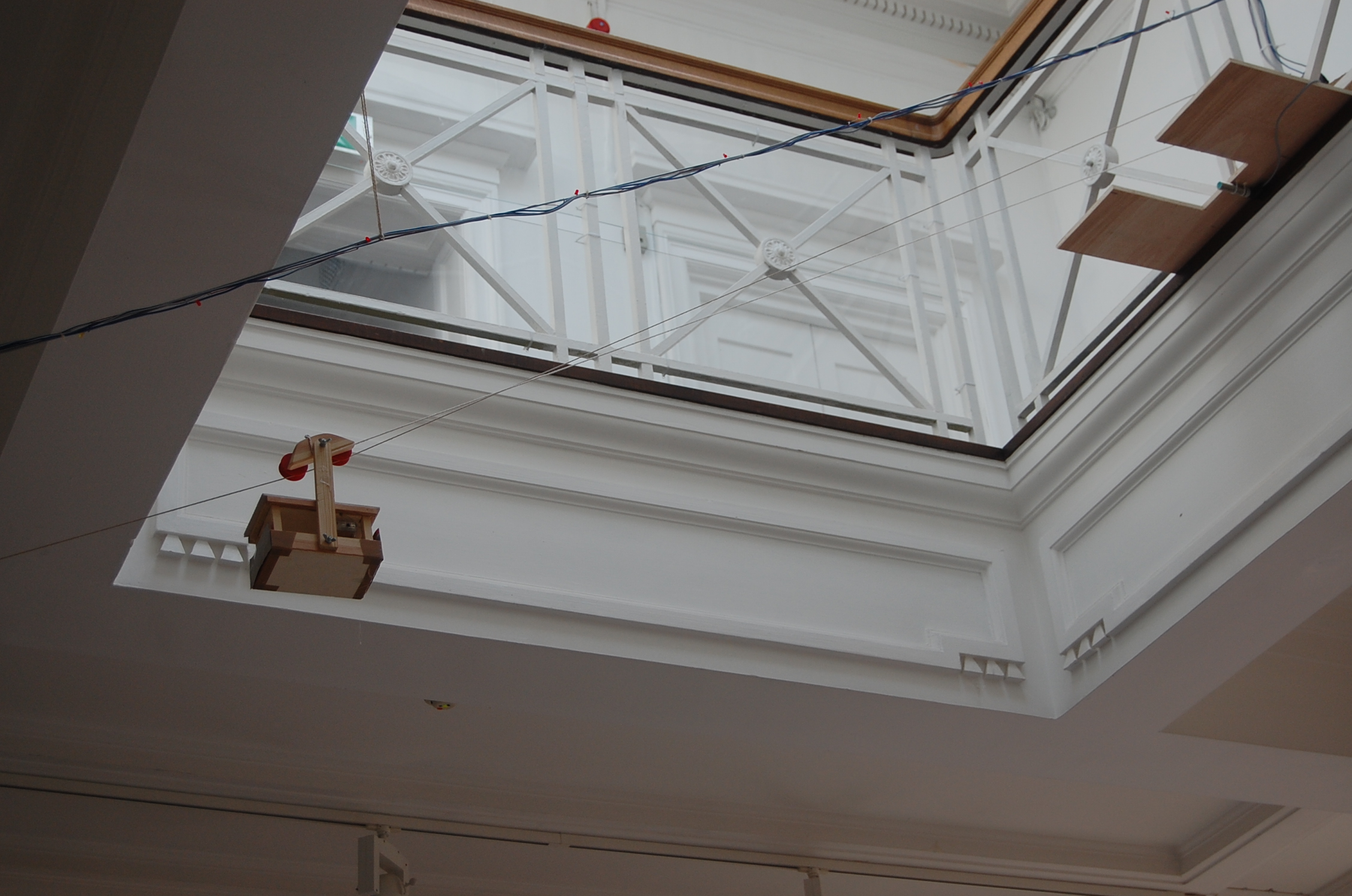 The Grundy Art Gallery’s upstairs rotunda space featuring working wooden toy cable-car system created by artist Rosalie Schwieker. Included in the exhibition The Blackpool Art Fair.