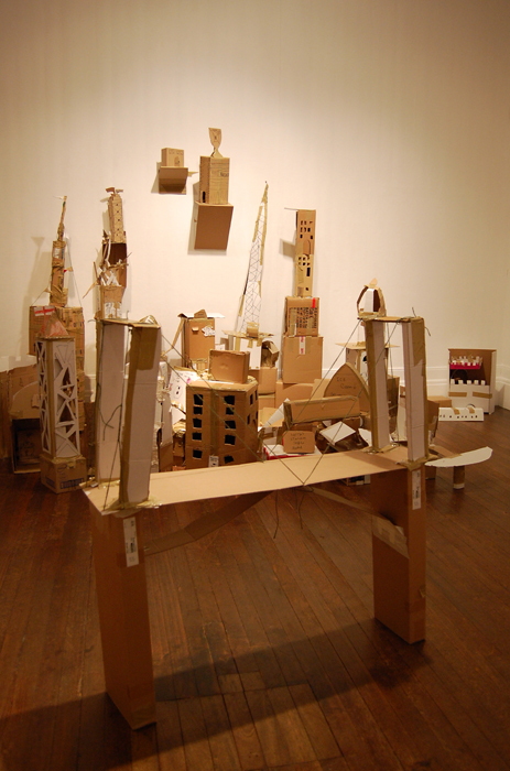 Cityscape made from cardboard boxes, the city was built by members of the public as part of a project by artist Emily Speed.