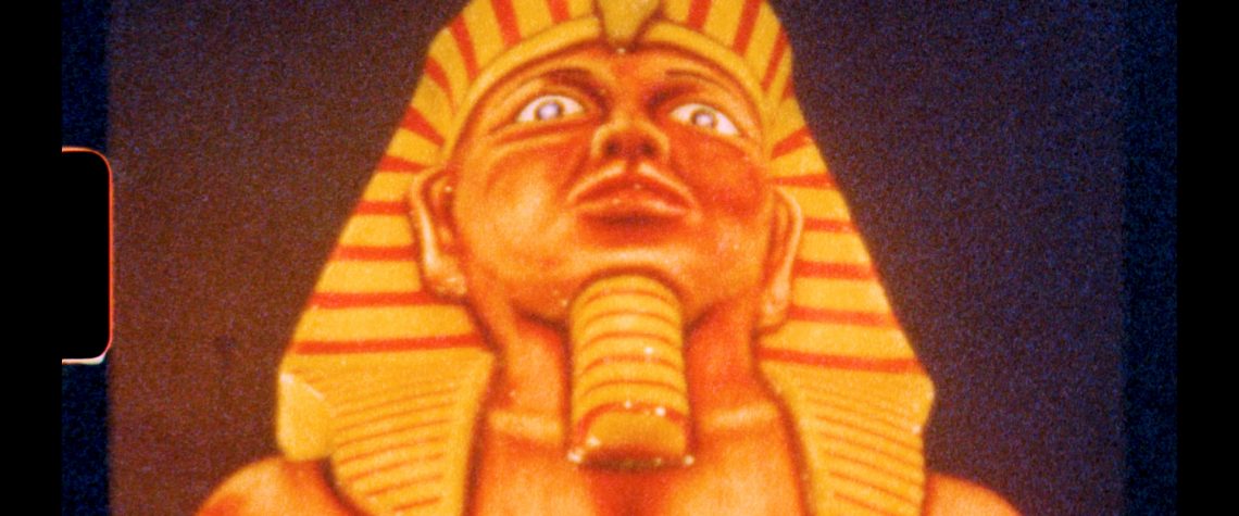 Image of film shown at the gallery from an aliens perspective of the Illuminations and other features of Blackpool's leisure activities. The image shown is an illumination of a Pharaoh.