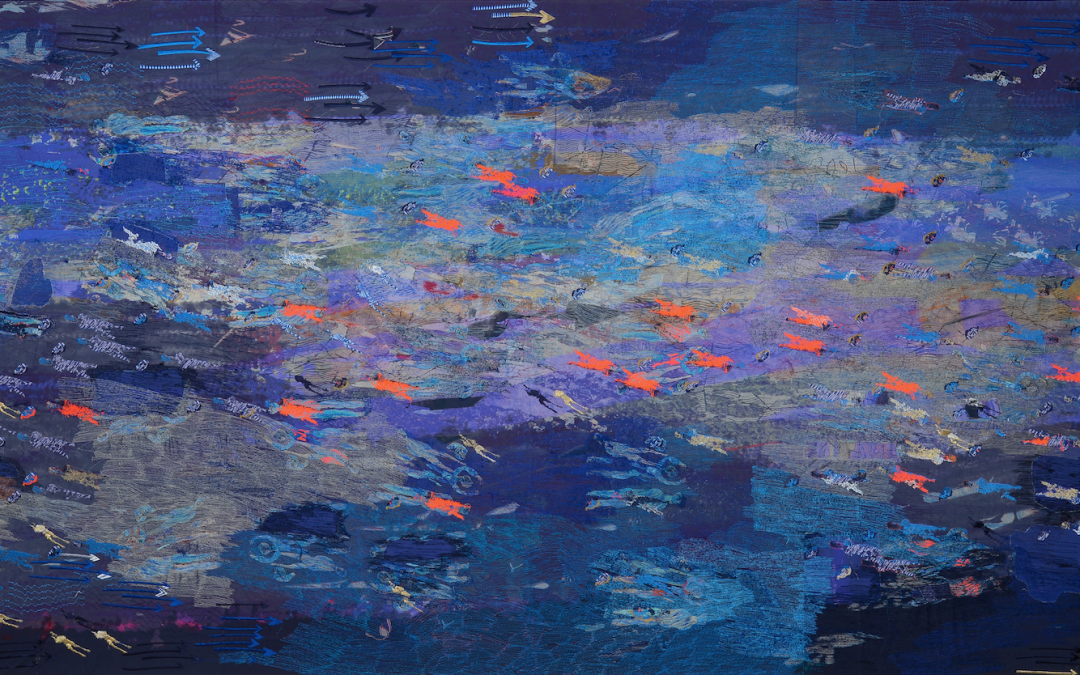 Painting by artist Alice Kettle. The image is of abstracted blues and reds with direction arrows at top of image.